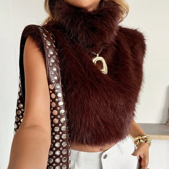 Brown Preppy Women's Faux Fur Turtleneck Cropped Vest Top - Picture 3 of 8